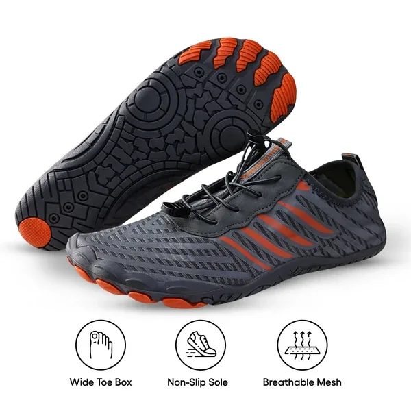 Grey Vorniyx barefoot shoe with orange stripe detailing