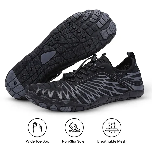 Vorniyx barefoot shoe showing the wide toe box, non-slip sole and breathable mesh